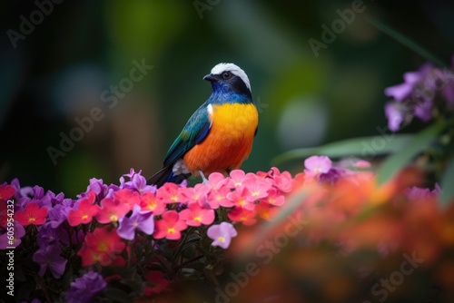colorful bird perched on blooming flowers in garden, created with generative ai