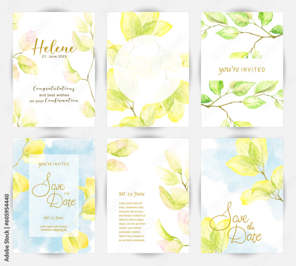 Greenery foliage set of invitations or thank you cards. Watercolor drawing of tree branches. Vibrant yellow and green hues of young leaves.