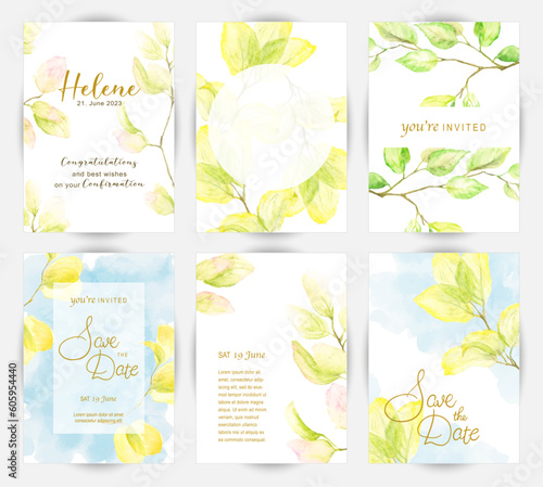 Greenery foliage set of invitations or thank you cards. Watercolor drawing of tree branches. Vibrant yellow and green hues of young leaves.