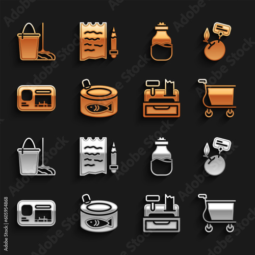 Set Canned fish, Supermarket food products with price label, Shopping cart, Cash register machine, Identification badge, Spice can, Mop and bucket and list pencil icon. Vector