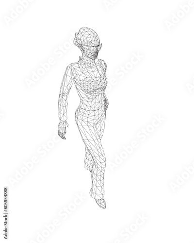 Businesswoman character wireframe. Attractive girl wearing formal suit standing. Vector illustration isolated on white background. 3D. Vector business woman black silhouette walk step forward..