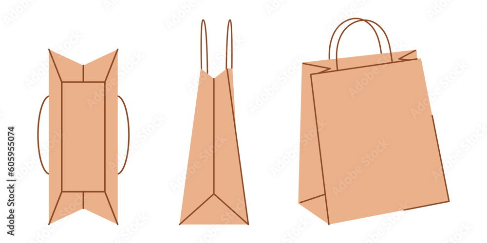 Vector set of shopping paper bags on top, front and side views. Grocery kraft paper bags in flat design. Zero waste. Ecological kraft packages collection. Vector set of shopping paper bags on top, front and side views. Grocery kraft paper bags in flat design. Zero waste. Ecological kraft packages collection.