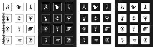 Set Garden rake, Bottle with love potion, Forest, Gardening handmade scissors, Blossom tree branch, Watering can, hose and Bird house icon. Vector