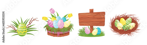 Decorated Easter Eggs and Tulips Flower as Spring Holiday Symbol Vector Set