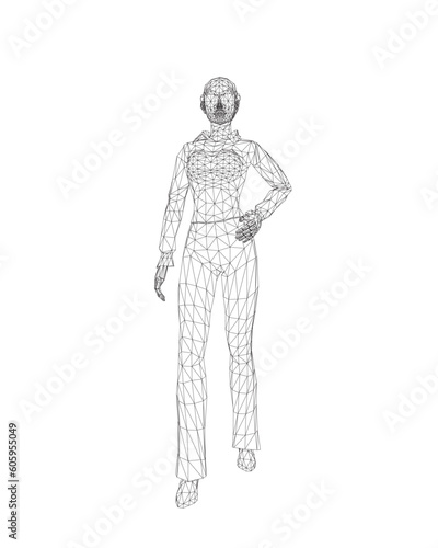 Businesswoman character wireframe. Attractive girl wearing formal suit standing. Vector illustration isolated on white background. 3D. Vector business woman black silhouette walk step forward..