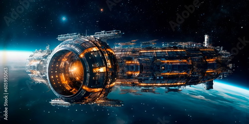 Fototapeta Naklejka Na Ścianę i Meble -  Panoramic shot of a space station orbiting around a distant planet, highlighting the technological marvels of space exploration. Generative AI