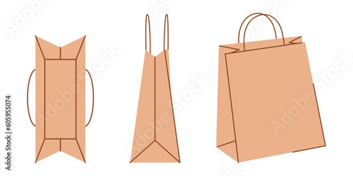Vector set of shopping paper bags on top, front and side views. Grocery kraft paper bags in flat design. Zero waste. Ecological kraft packages collection.