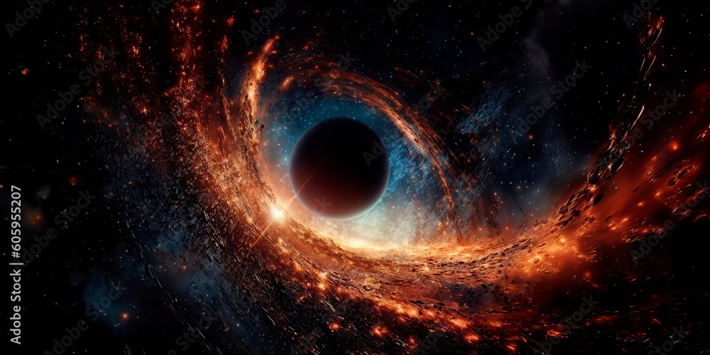 Artist's rendition of a black hole, demonstrating its immense gravitational pull and its ability to bend light. Generative AI