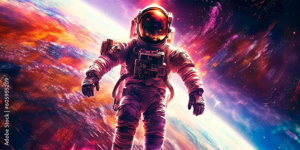 Astronaut performing a spacewalk outside the spacecraft, surrounded by the vastness of space and the brilliance of distant stars. Generative AI Astronaut performing a spacewalk outside the spacecraft, surrounded by the vastness of space and the brilliance of distant stars. Generative AI