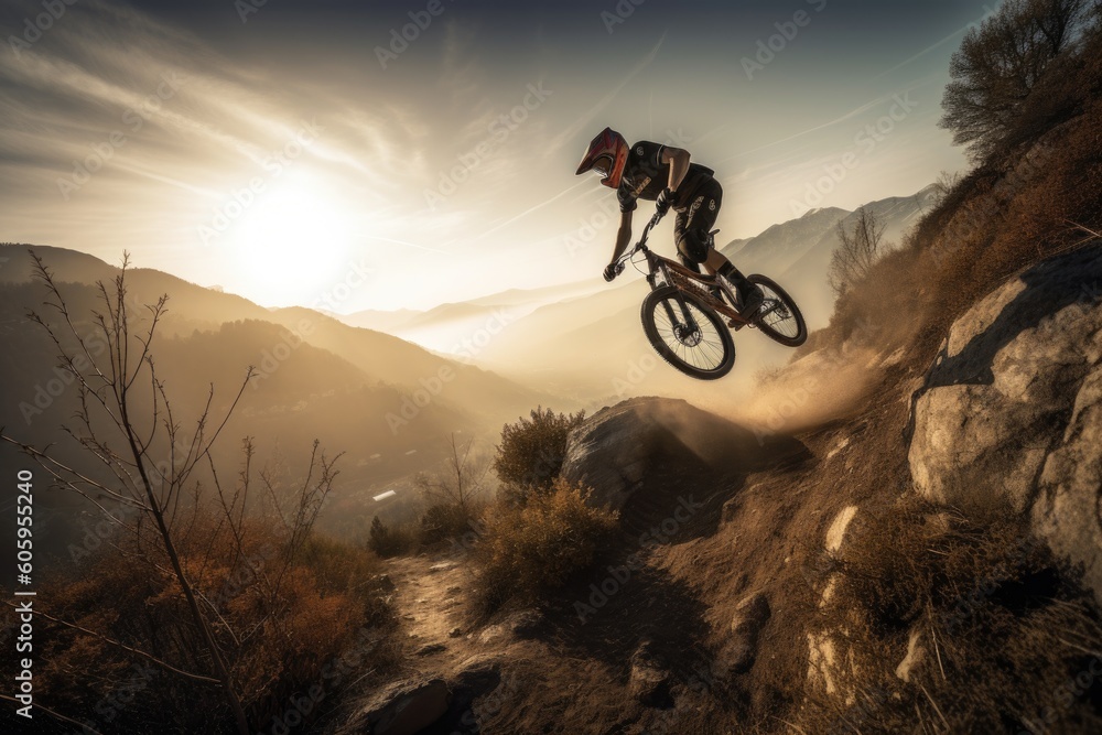 mountain biker flying through the air after jumping off cliff, created with generative ai