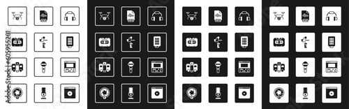 Set Headphones, Gimbal stabilizer for camera, Retro audio cassette tape, Drone flying, Softbox light, MP3 file document, Video recorder laptop and Actor trailer icon. Vector