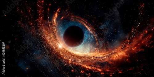 Artist's rendition of a black hole, demonstrating its immense gravitational pull and its ability to bend light. Generative AI