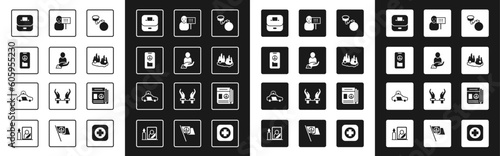 Set Ball on chain, Life insurance hand, Peace, Vote box, Burning car, Protest, News and Police flasher icon. Vector