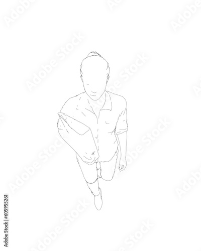 Drawing of fashionable young woman walking with folder with documents in hand. Vector of girl walk. Drawing Illustration of Young Woman. isolated  sketch  contour girl  woman walking.