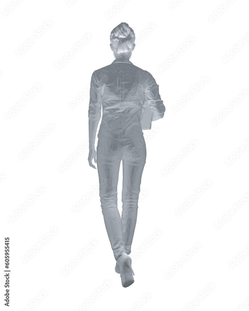 Polygonal drawing of fashionable young woman walking with folder with documents in hand. Vector of girl walk. Drawing Illustration of Young Woman. isolated, sketch, contour girl, woman walking. 3D.. Polygonal drawing of fashionable young woman walking with folder with documents in hand. Vector of girl walk. Drawing Illustration of Young Woman. isolated, sketch, contour girl, woman walking. 3D..