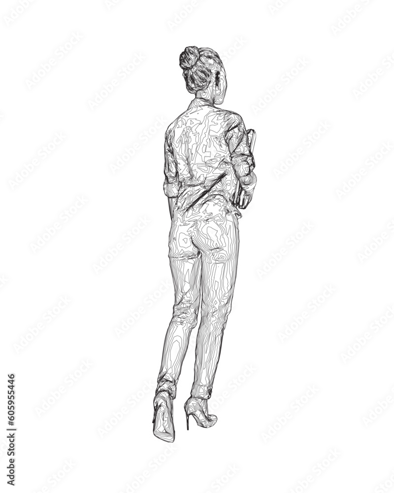 Drawing of fashionable young woman walking with folder with documents in hand. Vector of girl walk. Drawing Illustration of Young Woman. isolated, sketch, contour girl, woman walking. Drawing of fashionable young woman walking with folder with documents in hand. Vector of girl walk. Drawing Illustration of Young Woman. isolated, sketch, contour girl, woman walking.