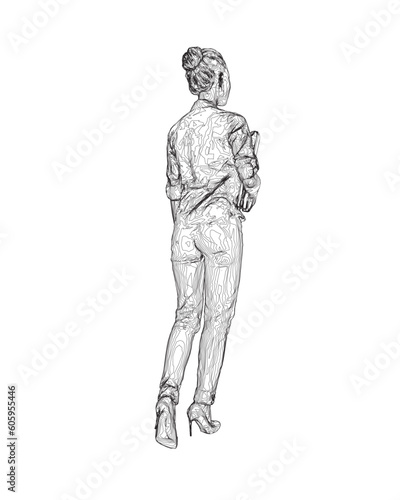 Drawing of fashionable young woman walking with folder with documents in hand. Vector of girl walk. Drawing Illustration of Young Woman. isolated, sketch, contour girl, woman walking. © German Ovchinnikov