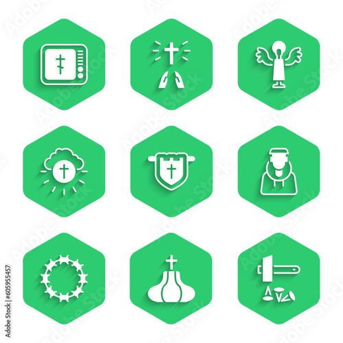 Set Flag with christian cross, Church tower, Crucifixion of Jesus Christ, Monk, Crown thorns, Religious in circle, Angel and Online church pastor preaching icon. Vector