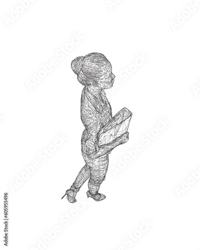 Wireframe of fashionable young woman walking with folder with documents in hand. Vector of girl walk. Drawing Illustration of Young Woman. isolated, sketch, contour girl, woman walking. 3D..