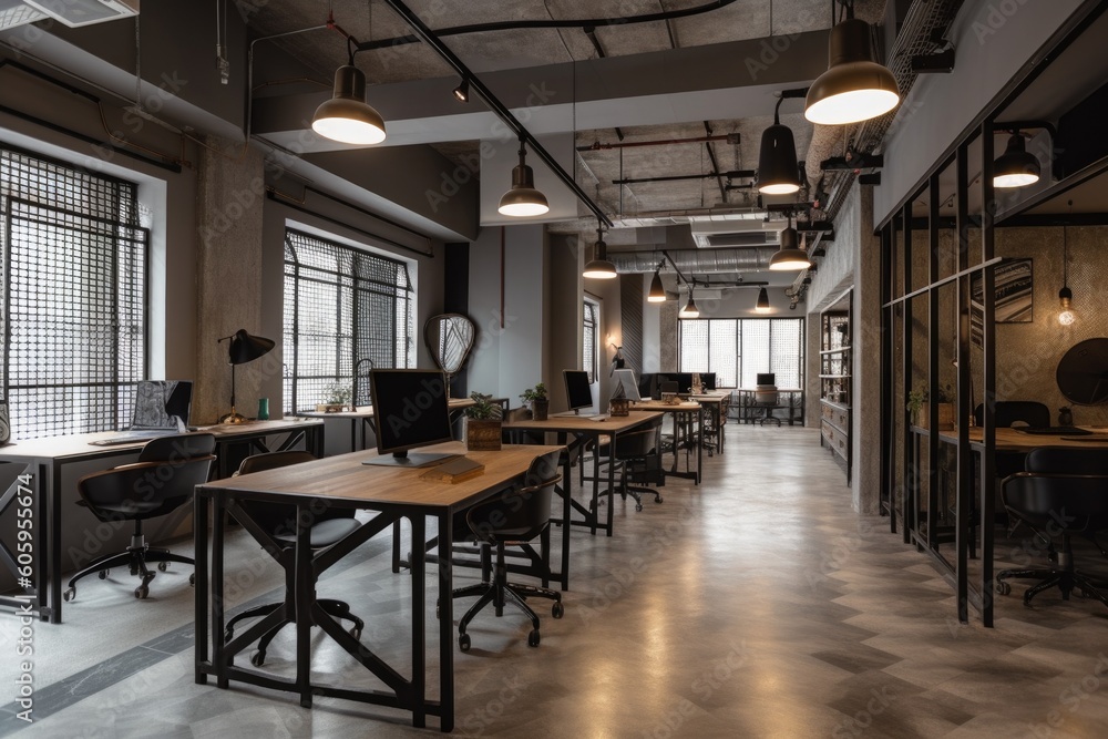 co-working space with industrial decor, exposed piping and metal accents, created with generative ai co-working space with industrial decor, exposed piping and metal accents, created with generative ai