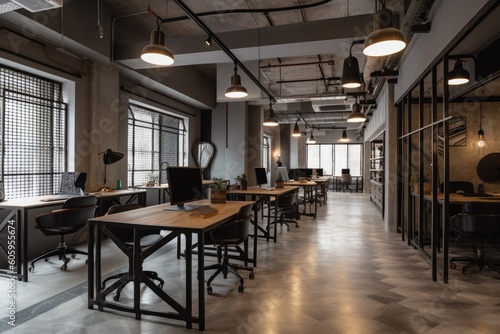 co-working space with industrial decor, exposed piping and metal accents, created with generative ai