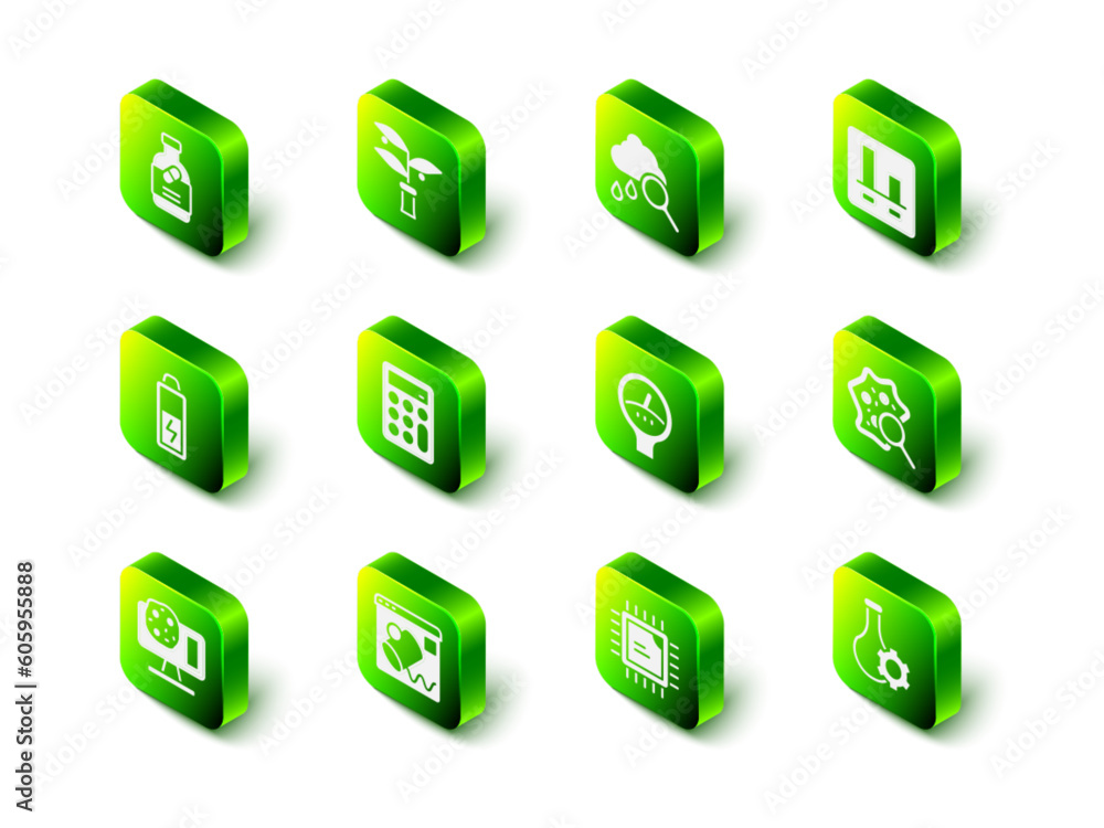 Set Plant breeding, Cloud with rain, Graph chart infographic, Microorganisms under magnifier, Test tube, Gauge scale, Processor CPU and Data visualisation icon. Vector Set Plant breeding, Cloud with rain, Graph chart infographic, Microorganisms under magnifier, Test tube, Gauge scale, Processor CPU and Data visualisation icon. Vector