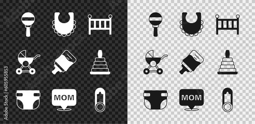 Set Rattle baby toy, Baby bib, crib cradle bed, diaper, Speech bubble mom, clothes pin, stroller and bottle icon. Vector