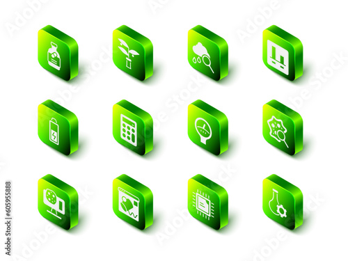 Set Plant breeding, Cloud with rain, Graph chart infographic, Microorganisms under magnifier, Test tube, Gauge scale, Processor CPU and Data visualisation icon. Vector