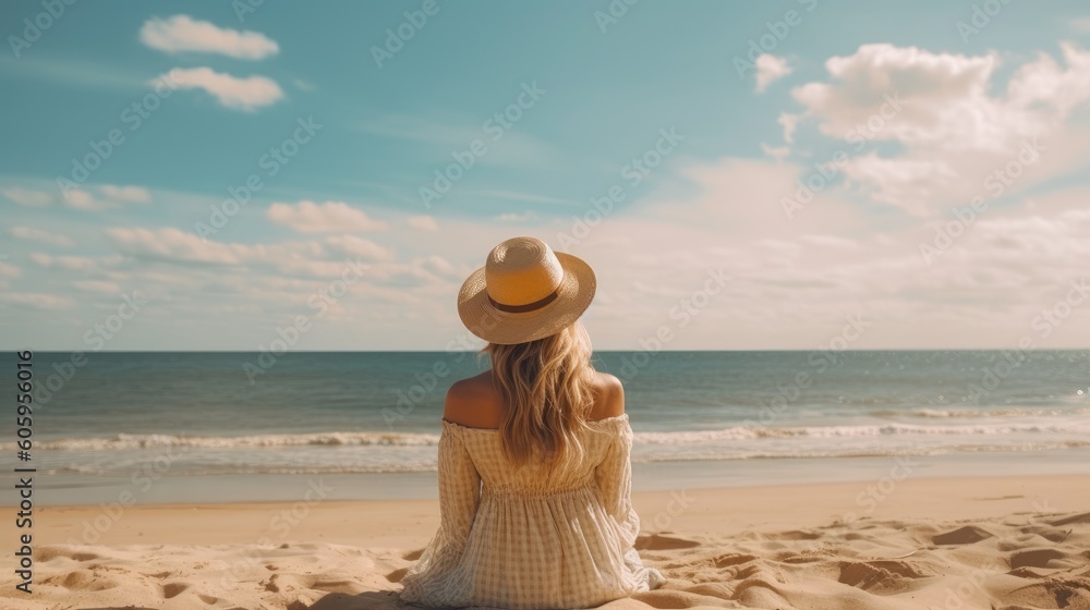 young woman admiring the view while sitting on the beach