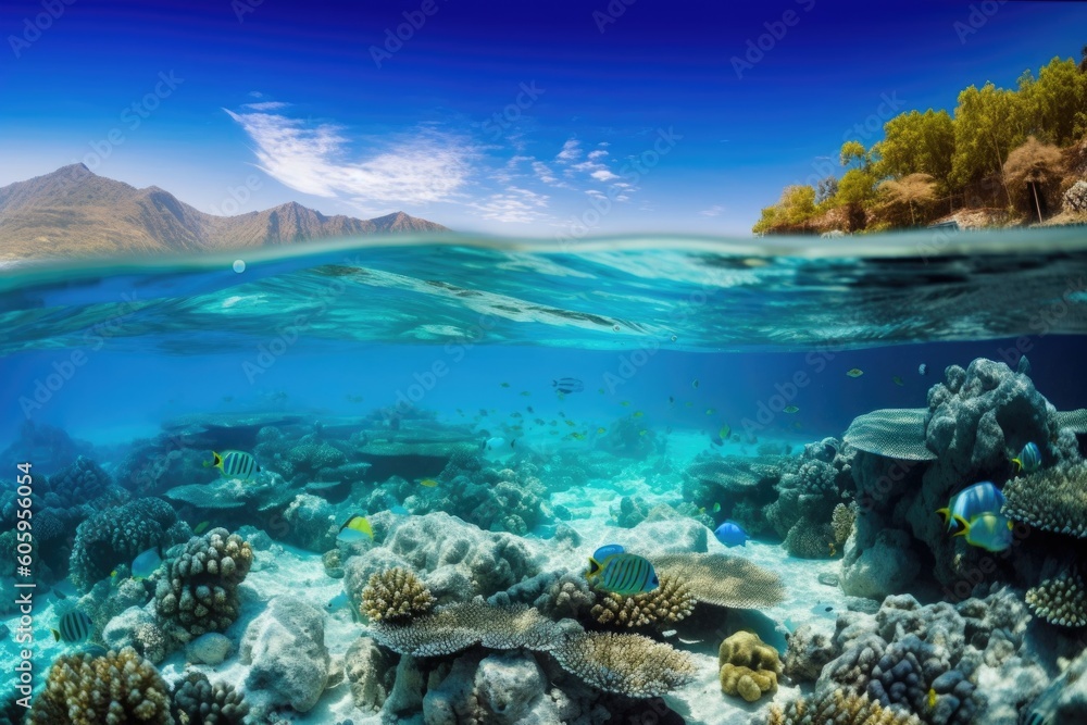 underwater scene with coral reef and schools of fish swimming in the background, created with generative ai