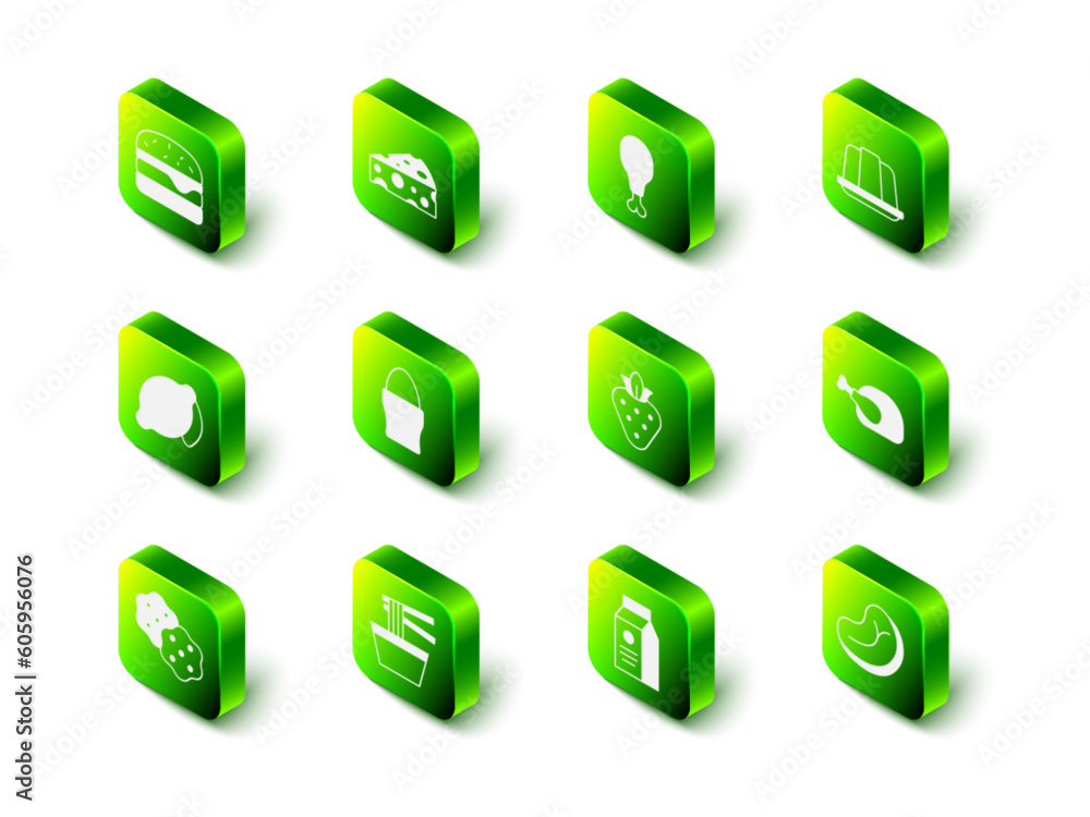 Set Cheese, Chicken leg, Jelly cake, Roasted turkey or chicken, Steak meat, Strawberry, aper package for milk and Asian noodles in bowl icon. Vector