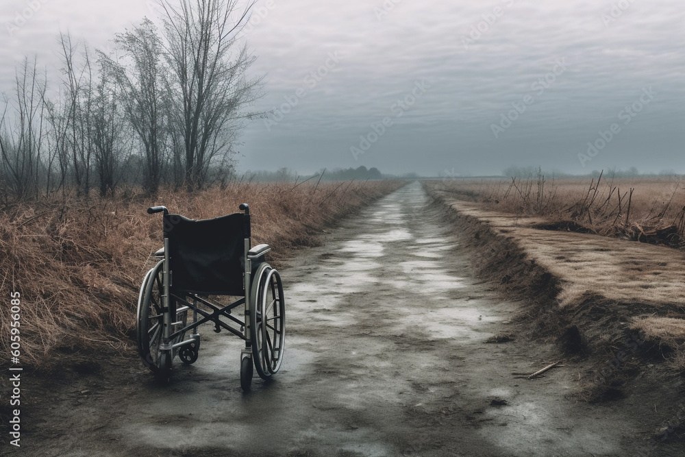an empty wheelchair depicting the difficulties faced by the disabled. generative AI
