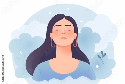 Generative AI. Girl is doing breathing exercise, deep exhale and inhale. Breathing exercise. Healthy yoga and relaxation. Breath Awareness Exercise.