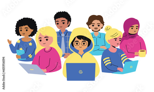 business company team members group of diverse ethnic people with laptop