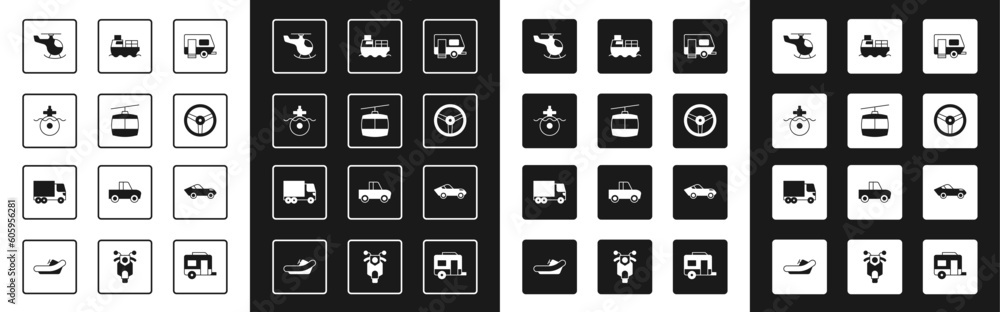 Set Rv Camping trailer, Cable car, Submarine, Helicopter, Steering wheel, Cargo ship with boxes delivery, and Delivery cargo truck icon. Vector Set Rv Camping trailer, Cable car, Submarine, Helicopter, Steering wheel, Cargo ship with boxes delivery, and Delivery cargo truck icon. Vector