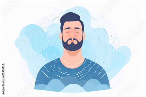 Generative AI. Calm man meditating for saving mental health. Young male relaxing doing breathing exercises. Balance, harmony and mindfulness concept.