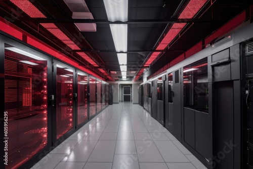 data center with emergency lights  generators  and fire suppression systems visible  created with generative ai