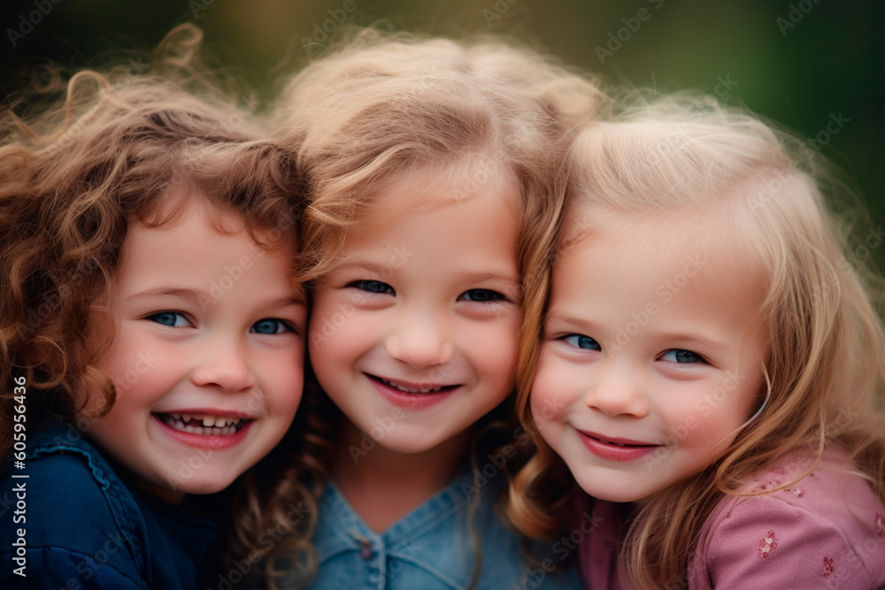 Three little girls smiling and looking at the camera created with Generative AI technology Three little girls smiling and looking at the camera created with Generative AI technology