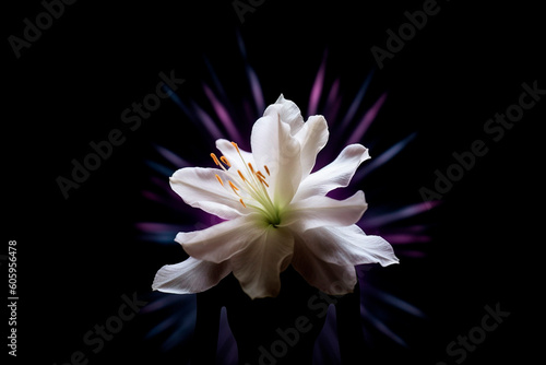 White flower with woman silhouette and purple rays on black created with Generative AI technology