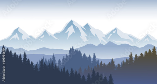 Landscape graphic with mountains for use as a template for flyer or for use in web design.