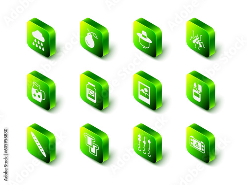 Set Pear, Camping hat, Mosquito, Lighter, Portable video game console, Photo frame, Grilled shish kebab skewer and Bread toast icon. Vector