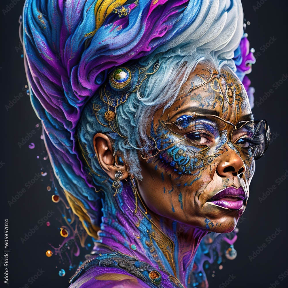 Artistic portrait of a beautiful and colorful African American woman. Detailed fluid gouache painting. watercolor art.