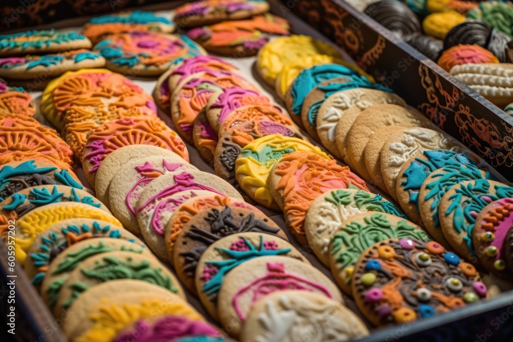 tray of freshly baked cookies, each with unique and colorful design, created with generative ai