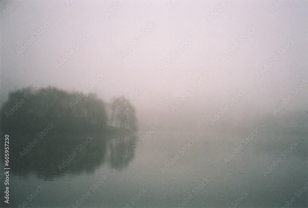 Foggy Winter Morning on the Lake. Atmospheric Mood. Milano, Italy. Film Photography Foggy Winter Morning on the Lake. Atmospheric Mood. Milano, Italy. Film Photography