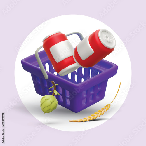 Cartoon realistic 3d shopping basket with two cans of beer, hops and barley. Buying drinks at supermarket concept. Colorful vector illustration in purple and red colors