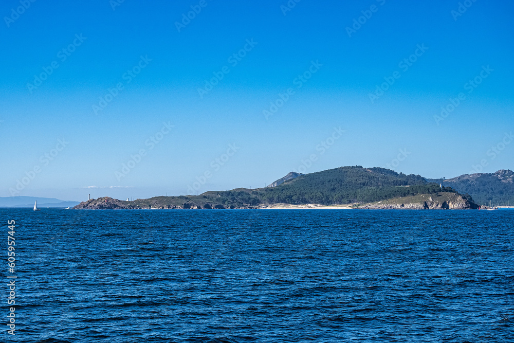 Cies Islands view and Cabo Home lighthouse in Pontevedra, Galicia, Spain