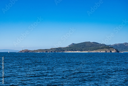 Cies Islands view and Cabo Home lighthouse in Pontevedra, Galicia, Spain