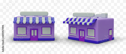 Purple 3D buildings, fashionable shops in cartoon style. Front and side view. Empty sign and windows. Realistic objects for advertising online shopping, illustrating store web pages