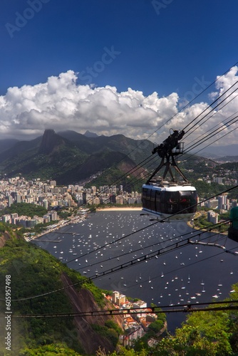 Panorama of Rio de Janeiro from Sugarloaf Mountain with the cable car in the foreground and Corcovado Mountain in the background. The statue of Christ the Redeemer is hidden in the clouds.