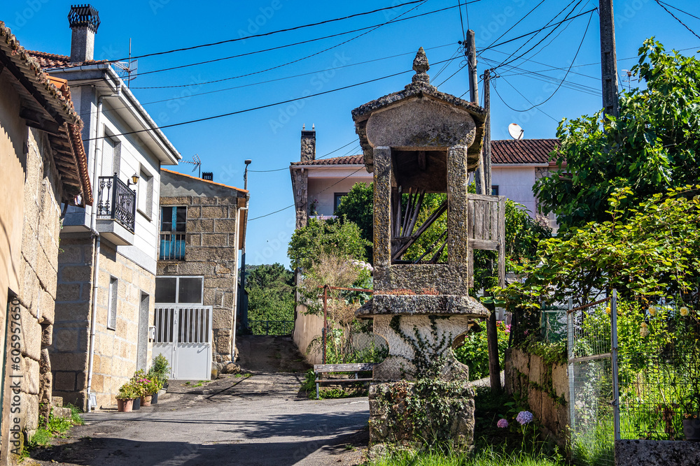 Beautiful village of Requeixo in Spain, unique for its horreos, traditional granary barns Beautiful village of Requeixo in Spain, unique for its horreos, traditional granary barns